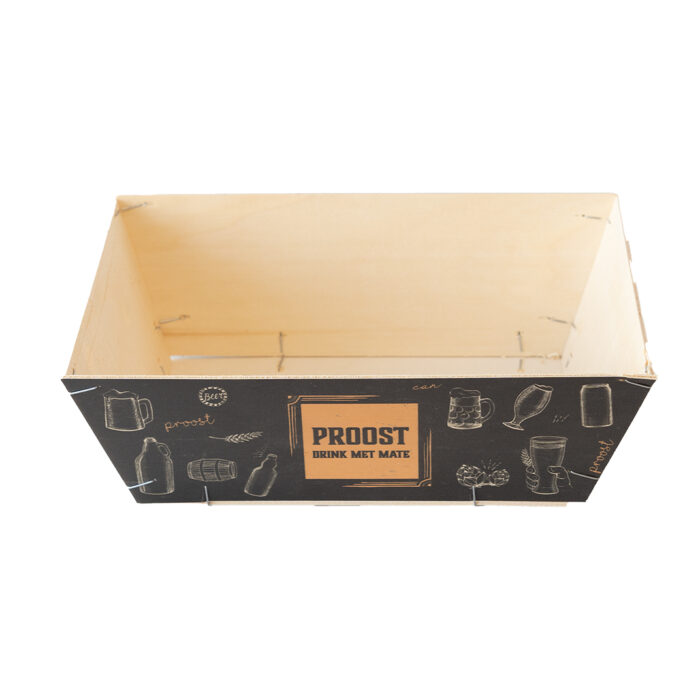 houtenmandje, verpakking, houten verpakking, cadeauverpakking, bierpakket, biermandje, borrelpakket